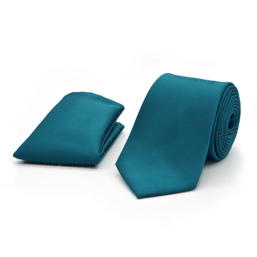 Deep Teal Blue Neck Tie Pocket Square Set For Men Silky Polyester