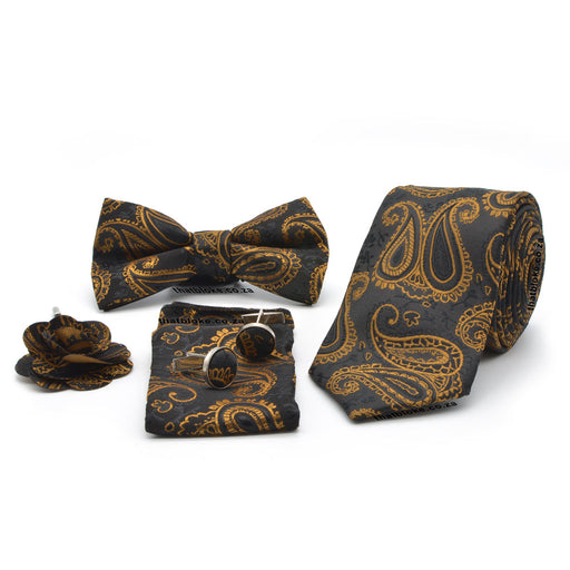 Black & Yellow Gold Neck Tie Bow Pocket Square Lapel Cufflinks Set For Men Paisley Pattern Polyester