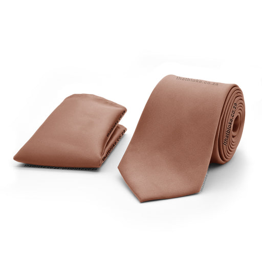 Amber Brown Neck Tie and Pocket Square Set For Men Silky Polyester