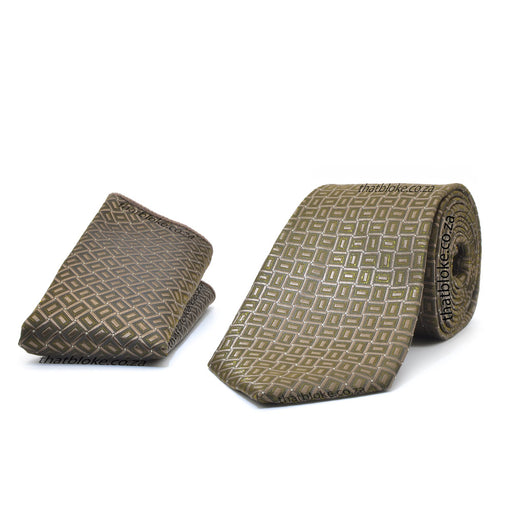 Dark Relic Bronze Brown Neck Tie Pocket Square Set For Men Geometric Pattern Polyester Golden Shimmer