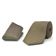 Dark Relic Bronze Brown Neck Tie Pocket Square Set For Men Geometric Pattern Polyester