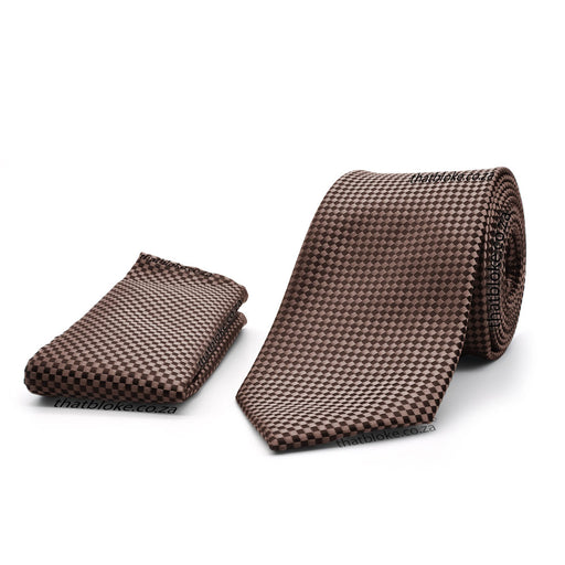 Chocolate Brown Neck Tie Pocket Square Set For Men with Black Checker Pattern Polyester