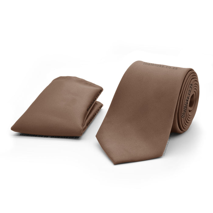 Light Chocolate Brown Neck Tie Pocket Square Set For Men Silky Polyester