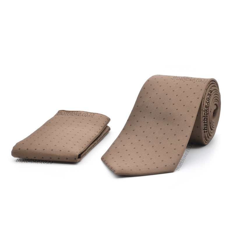 Light Coffee Brown Neck Tie Pocket Square Set with Dark Brown Polkadots For Men