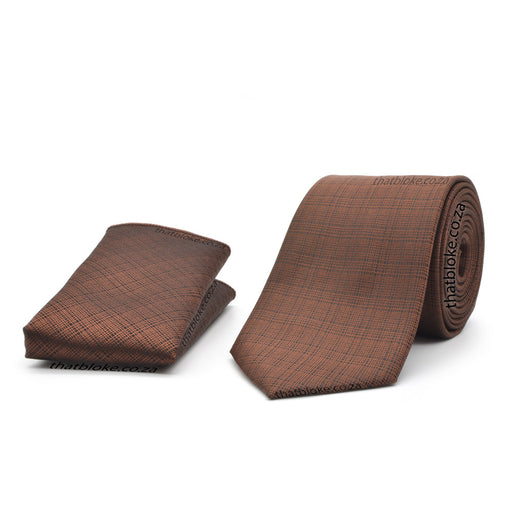 Dark Copper Brown Neck Tie Pocket Square Set For Men Plaid Texture Polyester