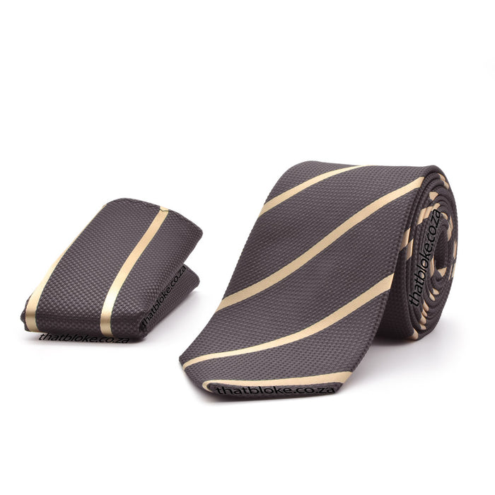 Dark Brown Neck Tie Pocket Square Set With Golden Beige Stripes For Men Soft Textured