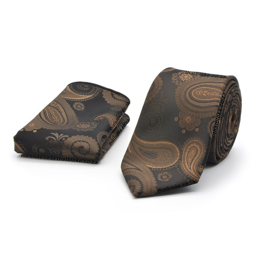 Dark Brown Neck Tie With Pocket Square Chocolate Paisley Pattern Polyester Men