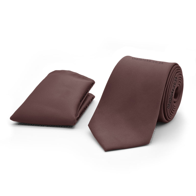 Dark Rich Chocolate Brown Neck Tie and Pocket Square Set For Men Silky Polyester