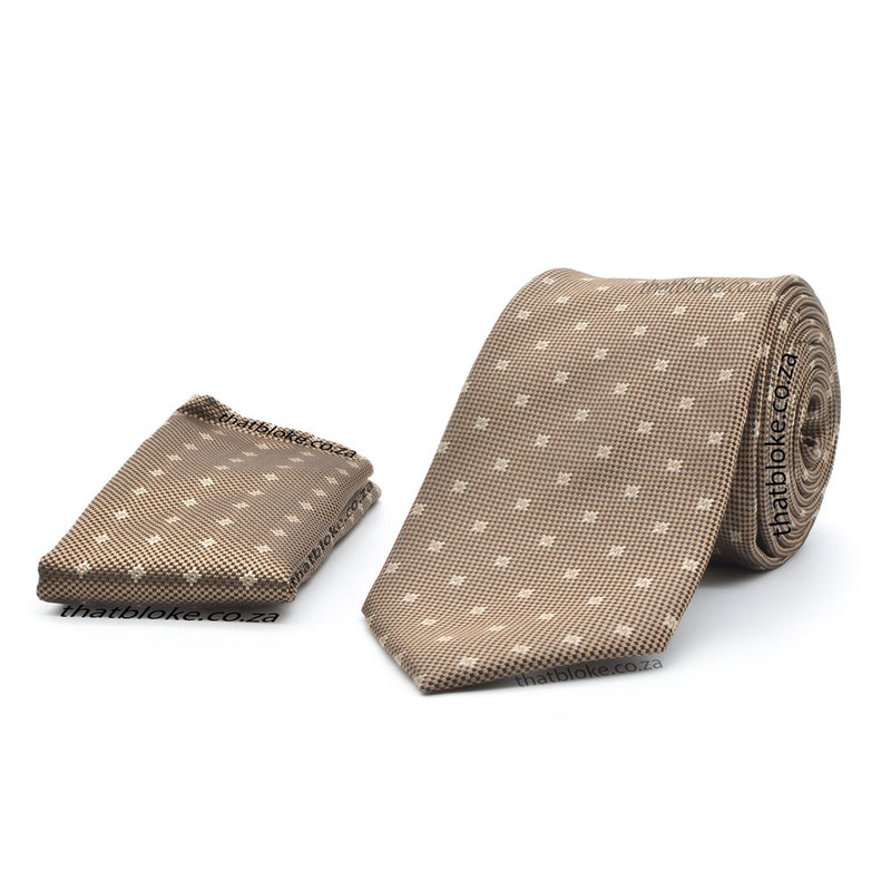 Driftwood Brown Neck Tie Pocket Square Set For Men Geometric Pattern Polyester