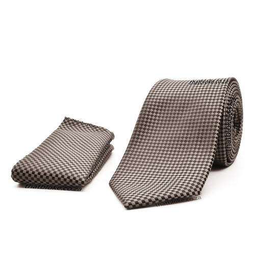 Driftwood Brown Neck Tie Pocket Square Set For Men with Black Checker Pattern Polyester Light Taupe