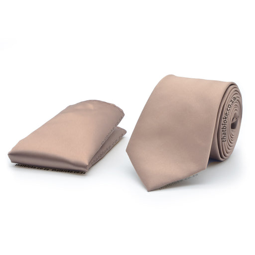 Ivory Brown Neck Tie and Pocket Square Set For Men Silky Polyester
