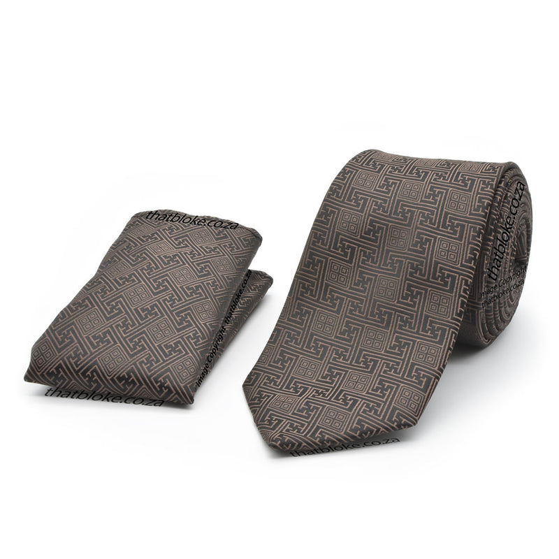 Taupe Brown Neck Tie Pocket Square Set Maze Pattern Polyester