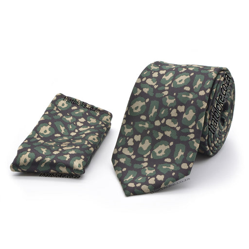 Beige and Dark Green Camouflage Neck Tie Pocket Square Set Polyester