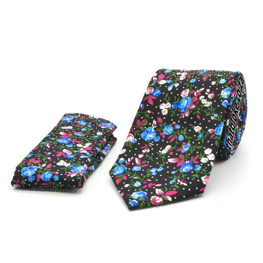 Floral Neck Tie Pocket Square Set Rose Pattern Pink and Black