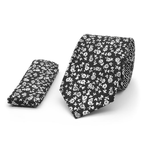 Floral Neck Tie Pocket Square Set Black and White
