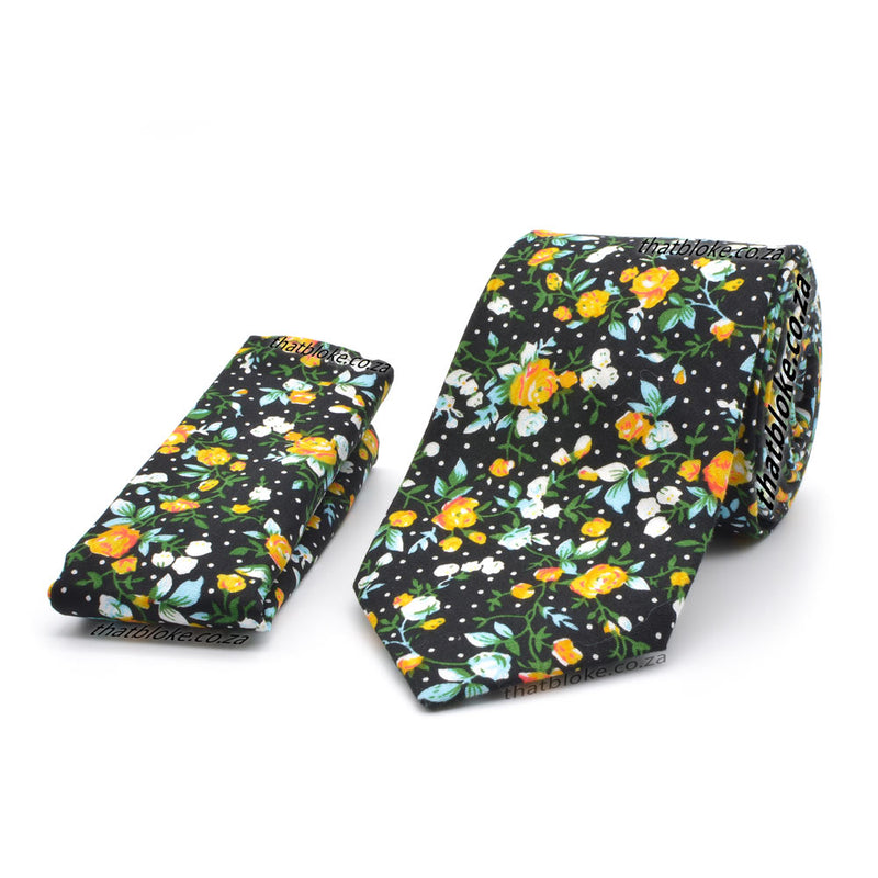 Floral Neck Tie Pocket Square Set Rose Pattern Yellow Black