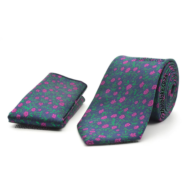 Floral Design Neck Tie Pocket Square Set Dark Navy Blue with Pink Roses Polyester