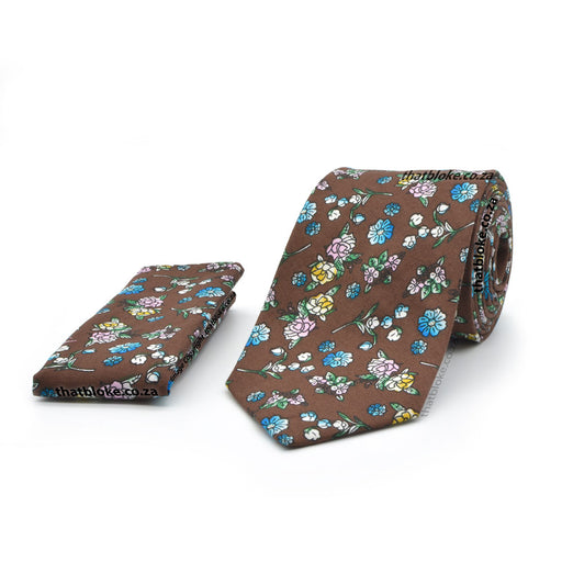 Brown Floral Rose Neck Tie Pocket Square Set For Men Cotton