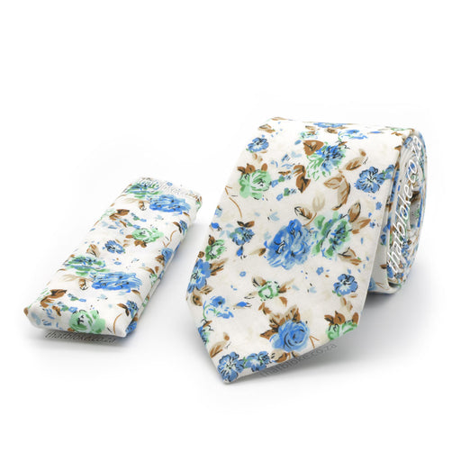 White Floral Neck Tie Pocket Square Set Blue Green Rose Pattern Design Cotton