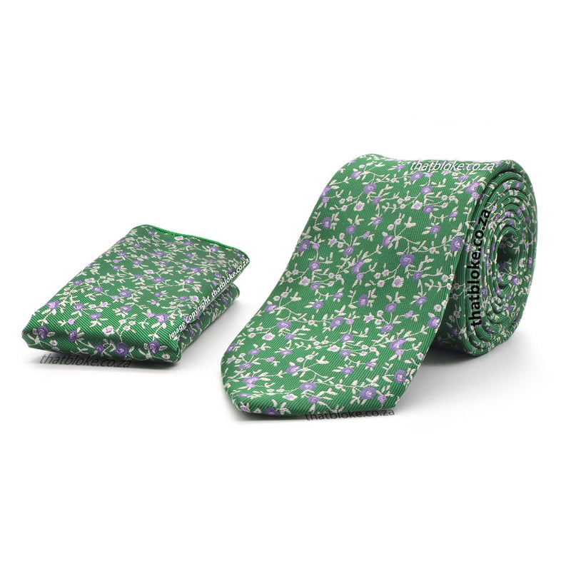Floral Design Neck Tie Pocket Square Set Emerald Green with Purple Roses Polyester