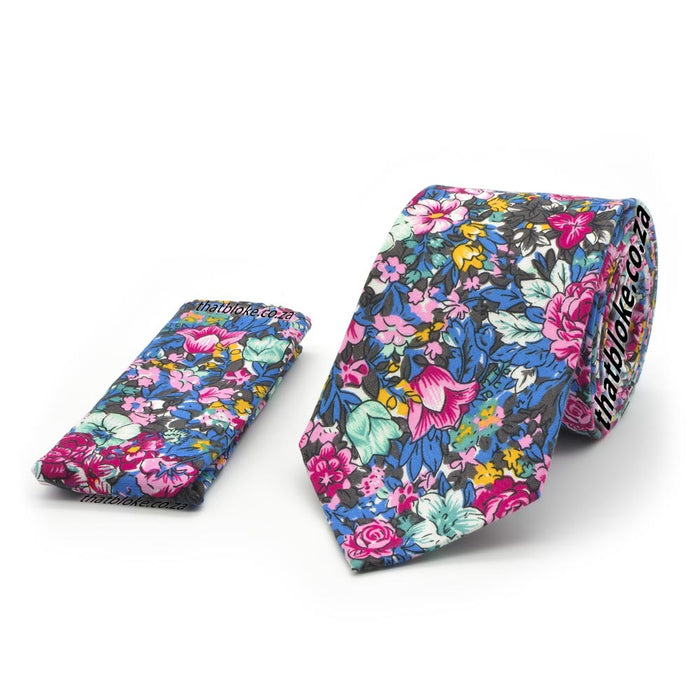 Colourful Pink Blue and Green Floral Neck Tie Pocket Square Set Cotton