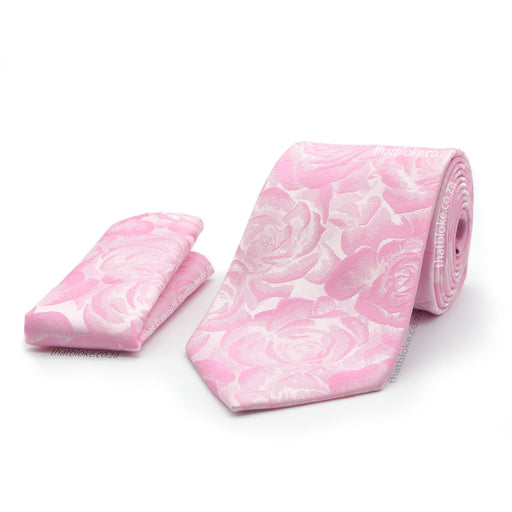 Light Bright Pink Neck Tie Pocket Square Set For Men Floral Rose Design Polyester