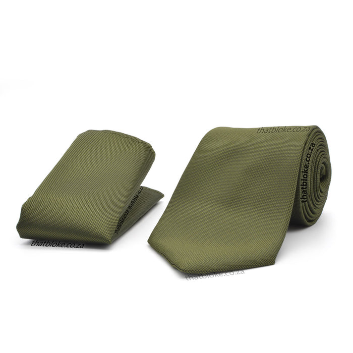 Dark Olive Khaki Green Neck Tie Pocket Square Set For Men Textured