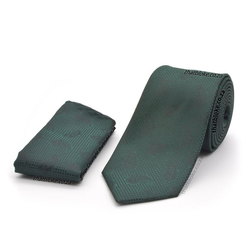 Dark Green Neck Tie Pocket Square Set For Men Paisley Pattern