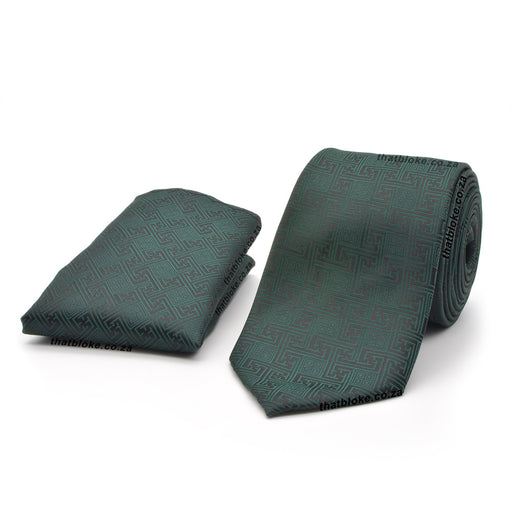 Dark Green Neck Tie And Pocket Square Set Maze Pattern Micro-Fiber Polyester