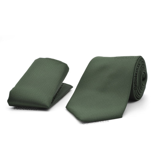 Dark Khaki Green Neck Tie Pocket Square Set For Men Textured