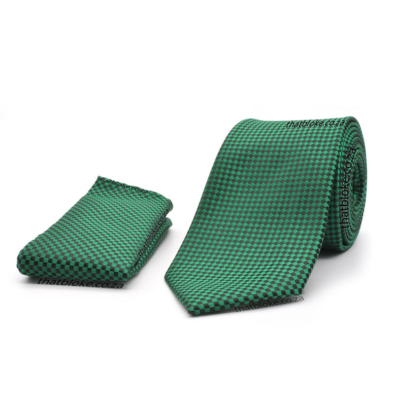 Emerald Green Neck Tie Pocket Square Set For Men with Black Checker Pattern Polyester