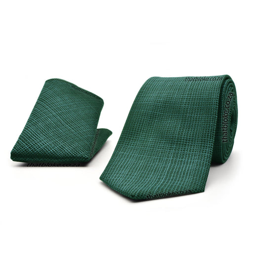 Dark Emerald Green Neck Tie Pocket Square Set For Men Linen Textured Polyester