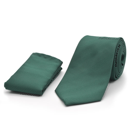 Dark Emerald Green Neck Tie Pocket Square Set For Men Zig-Zag Stripe Pattern Textured