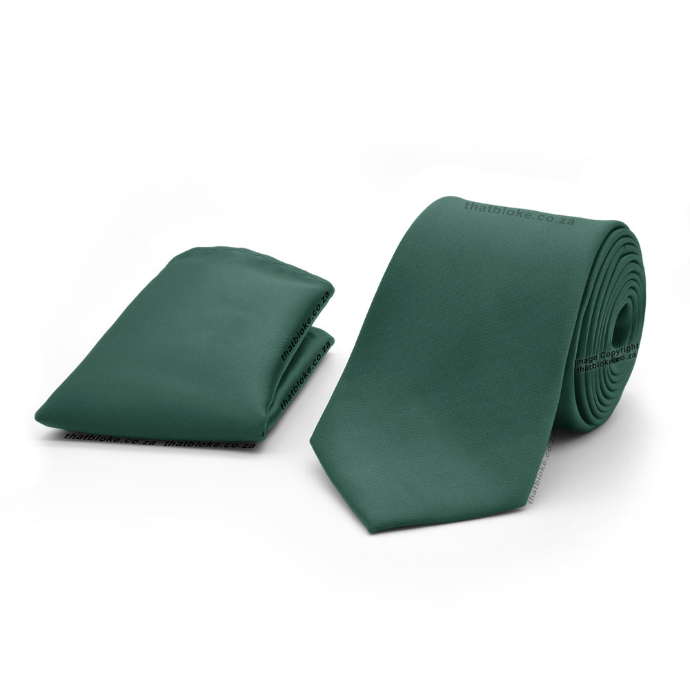 Dark Emerald Green Neck Tie & Pocket Square Set - Silky Polyester