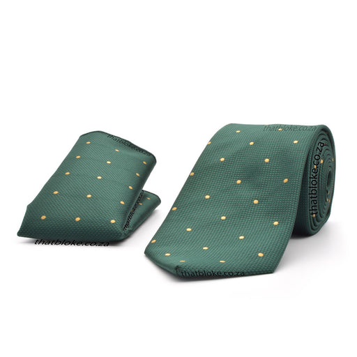 Darker Emerald Green Neck Tie Pocket Square Set with Golden Yellow Polkadots For Men Silky Polyester