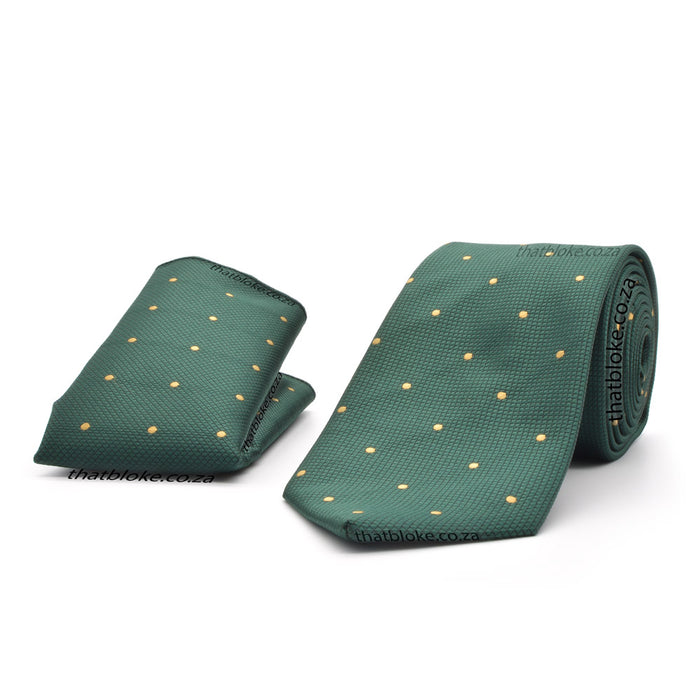 Darker Emerald Green Neck Tie Pocket Square Set with Golden Yellow Polkadots For Men Silky Polyester