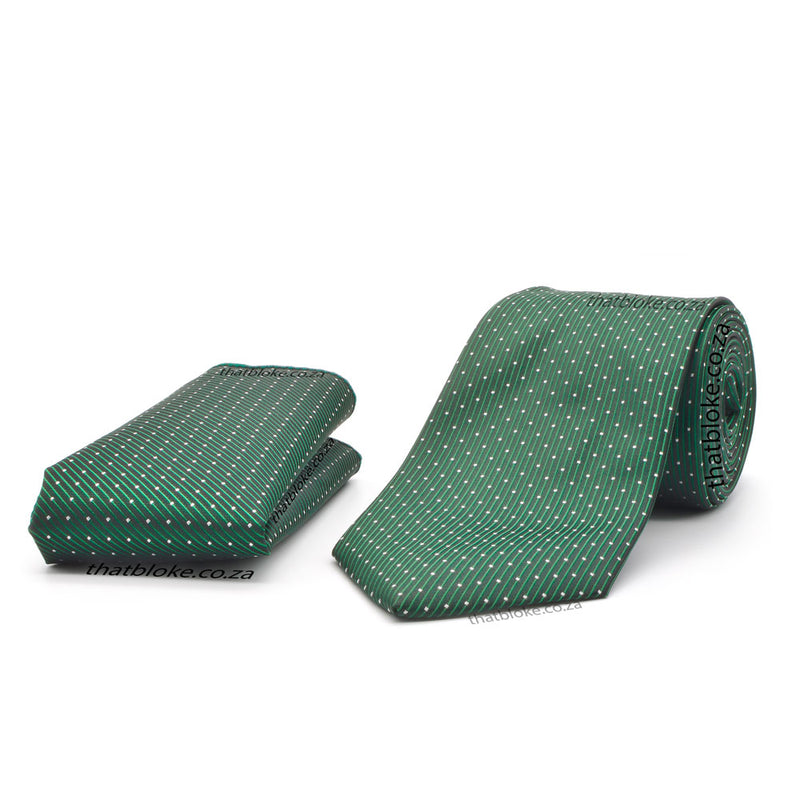 Forest Green Neck Tie Pocket Square Set For Men With White Pin Dots Polyester
