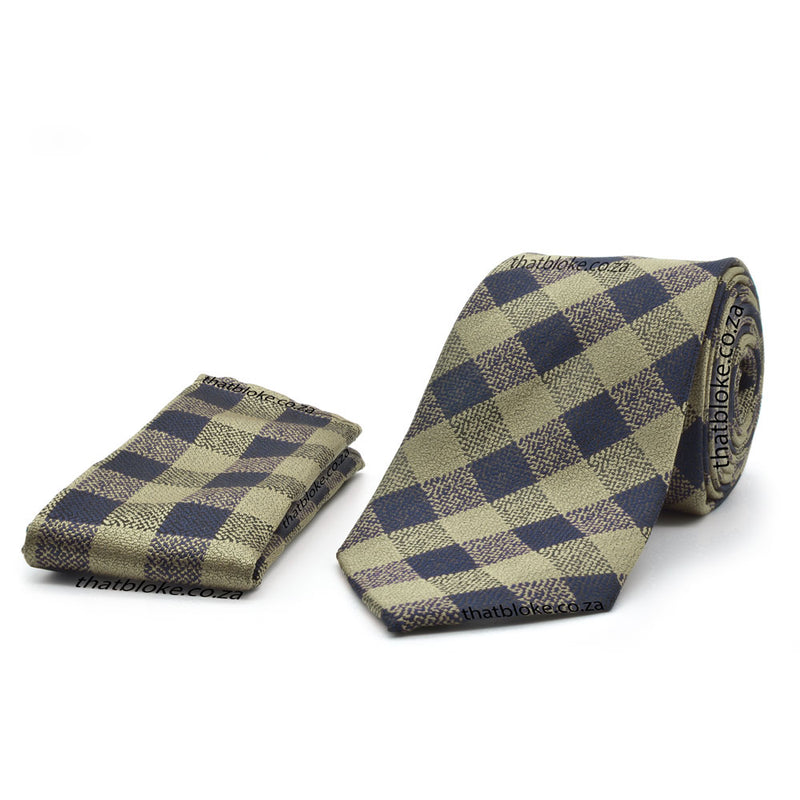 Golden Green Neck Tie Pocket Square Set For men Check Pattern