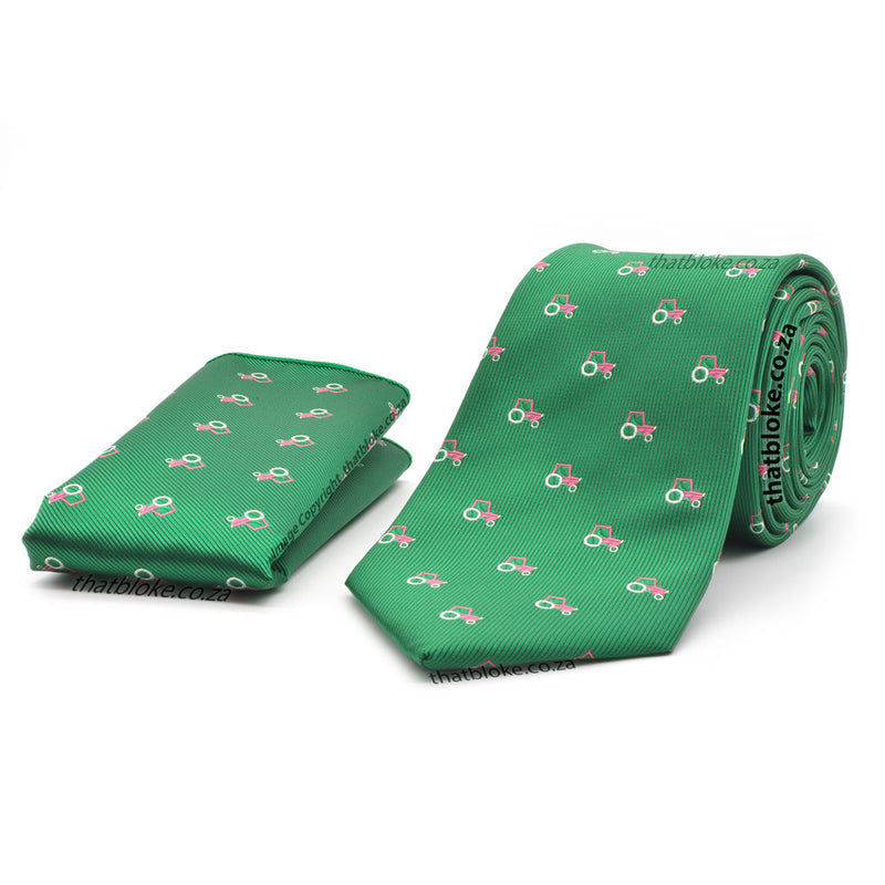 Tractor Novelty Green Neck Tie Pocket Square Set For Men Polyester