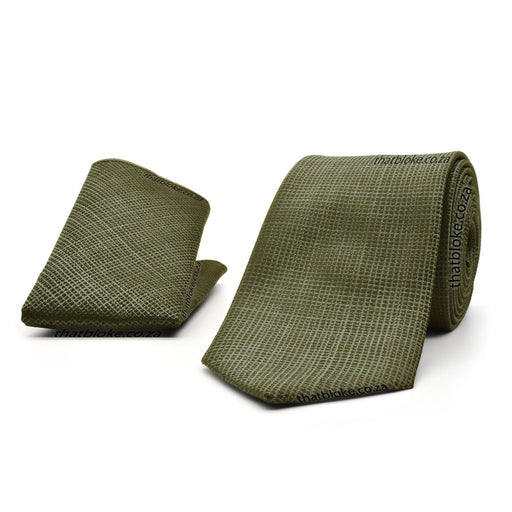 Khaki Dark Olive Green Neck Tie Pocket Square Set For Men Linen Textured Polyester