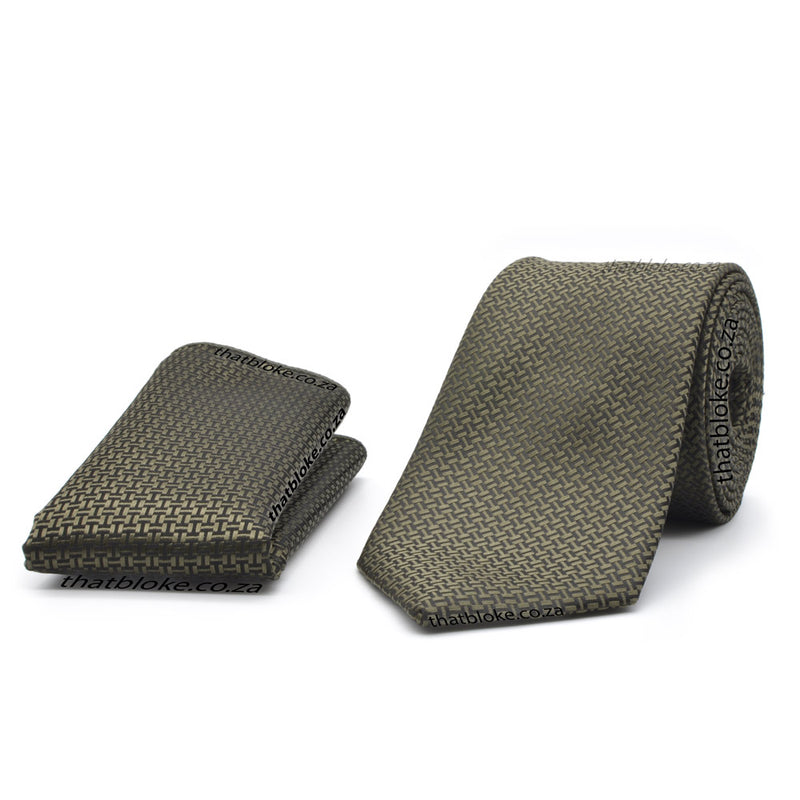 Neck Tie - Green Olive Dried Thyme With Pocket Square (Black Greek Key Pattern)