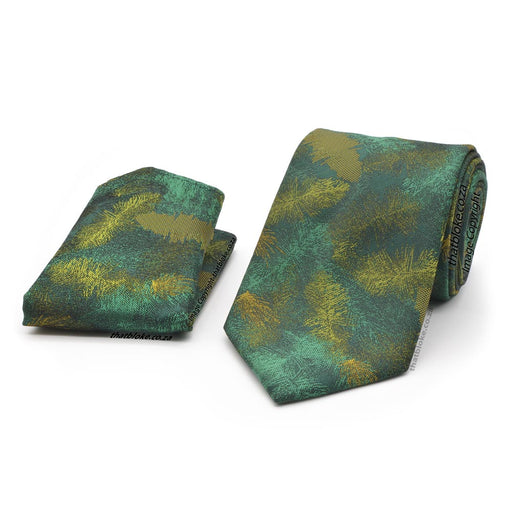 Emerald Green Neck Tie Pocket Square Set With Lime Green PIne Needle Pattern