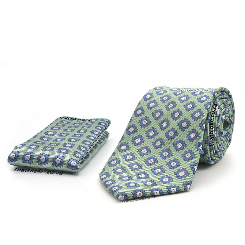 Light Pistachio Green Neck Tie Pocket Square Set For Men with Blue Floral Pattern Polyester