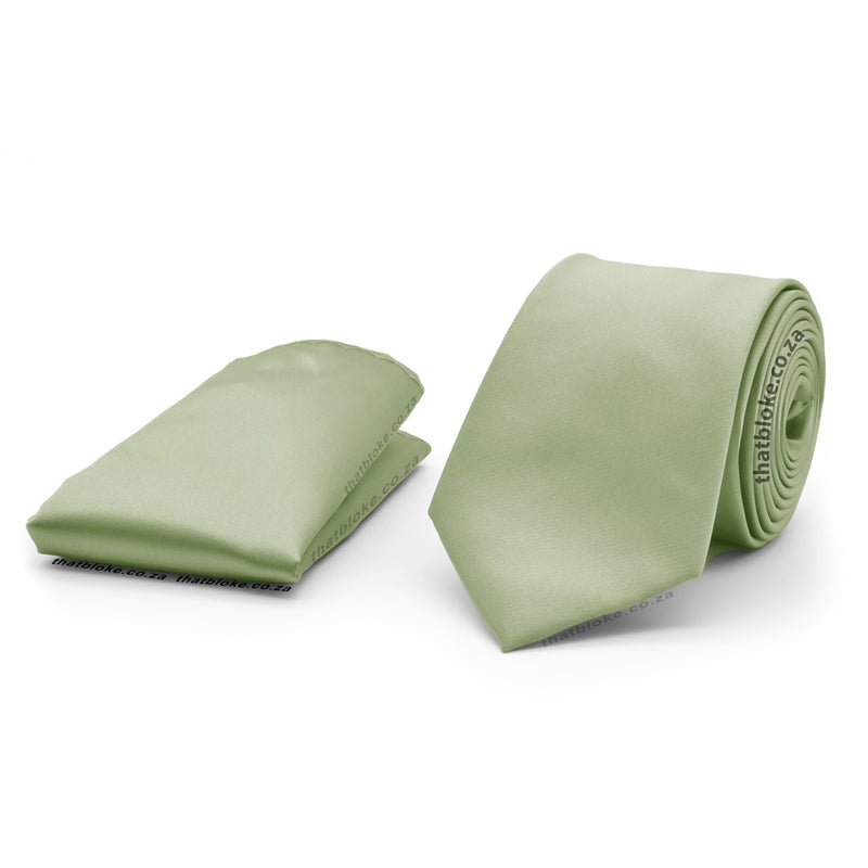 Dusty Sage Green Neck Tie Pocket Square Set For Men Silky Polyester