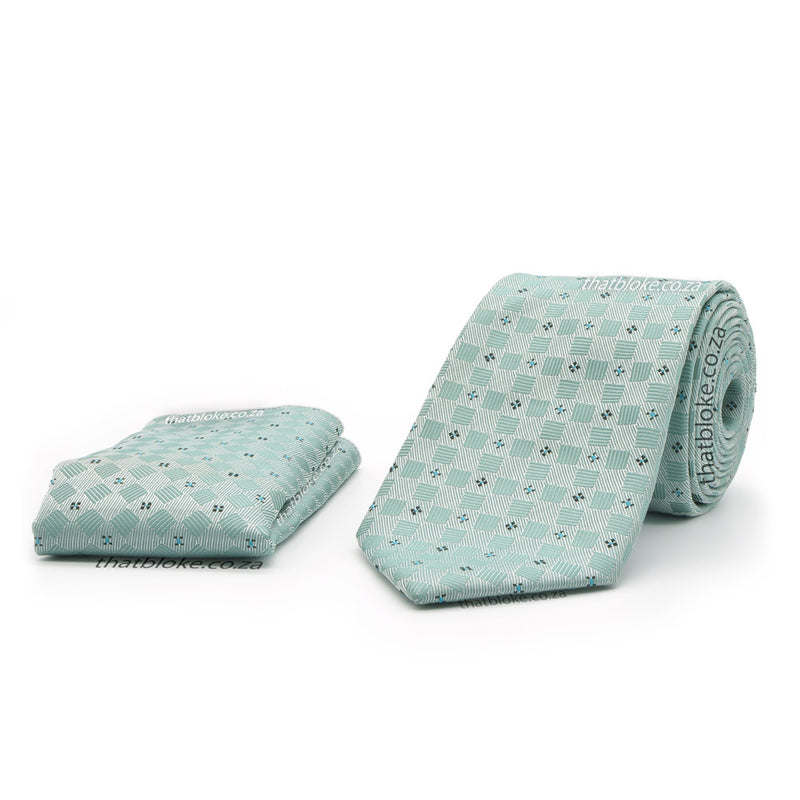 Minty Sage Green Neck Tie Pocket Square Set For Men Geometric Square Pattern Polyester