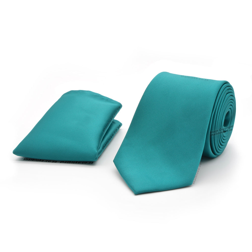 Turquoise Green Neck Tie & Pocket Square Set - Silky Polyester