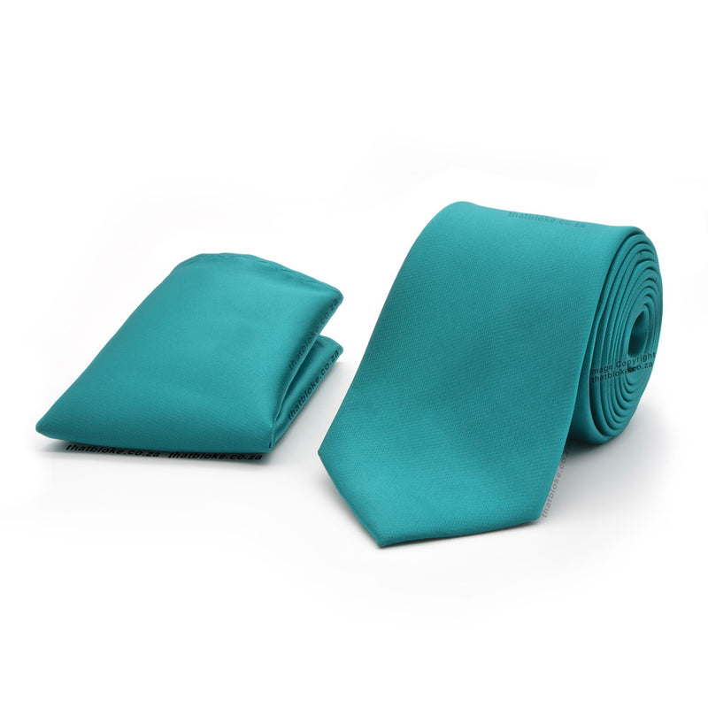 Turquoise Green Neck Tie With Pocket Square For Men Silky Polyester