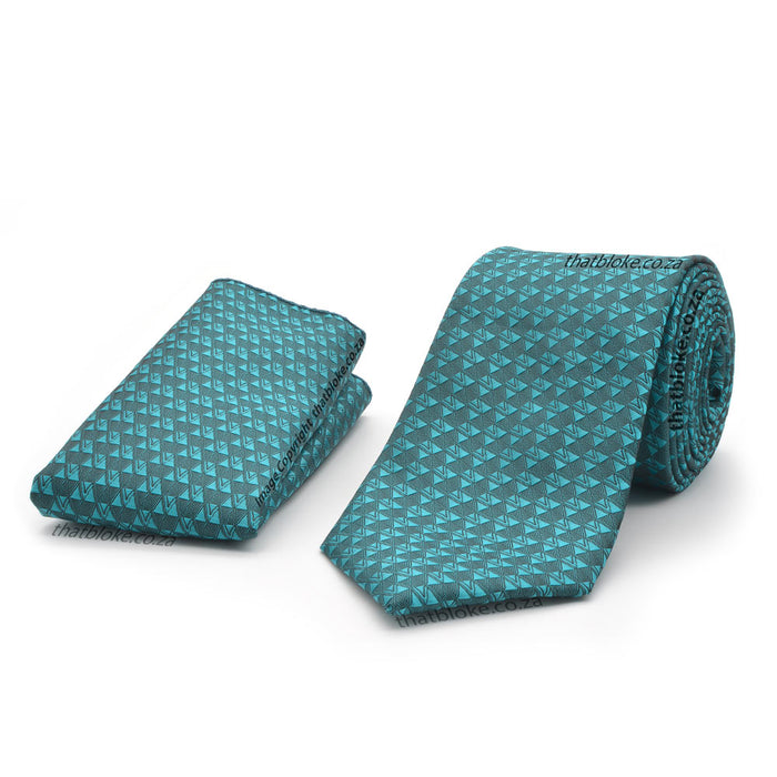 Turquoise Green Neck Tie Pocket Square Set For Men Triangle Pattern Polyester