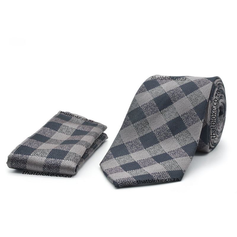 Cool Grey Neck Tie Pocket Square Set For men Check Pattern