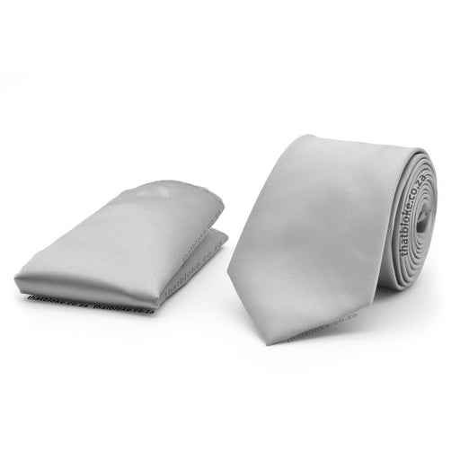 Light Silver Grey Neck Tie and Pocket Square Set For Men Silky Polyester